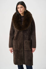 Joseph Ribkoff Feather Yarn Knit Coat with Detachable Faux Fur Collar