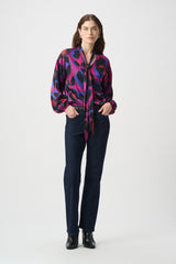 Joseph Ribkoff Animal Print Satin Tie-Neck Top
