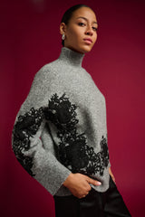 Joseph Ribkoff Lace Applique Mock Neck Sweater