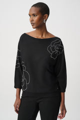 Joseph Ribkoff Pullover with Flower Applique | Black