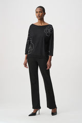 Joseph Ribkoff Pullover with Flower Applique | Black