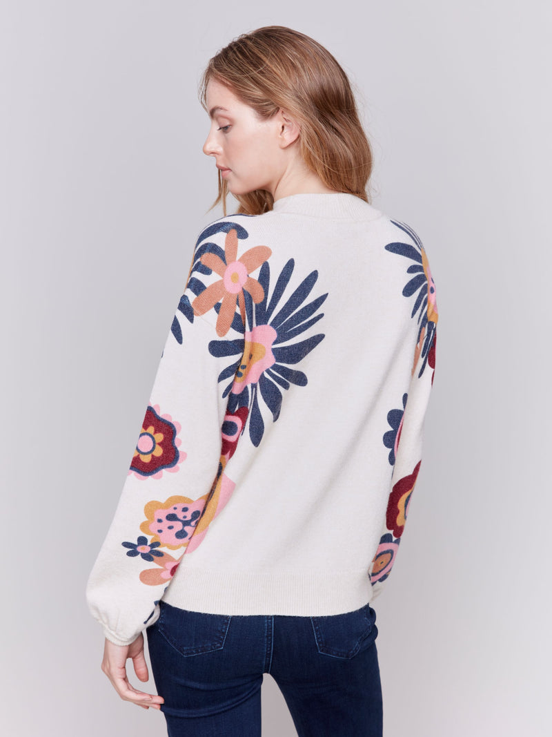 Charlie B Floral Printed Plushy Sweater-Beige