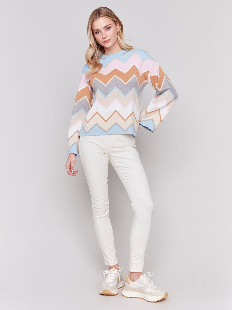 Charlie B Chevron Knit Bell Sleeve Sweater-Candy