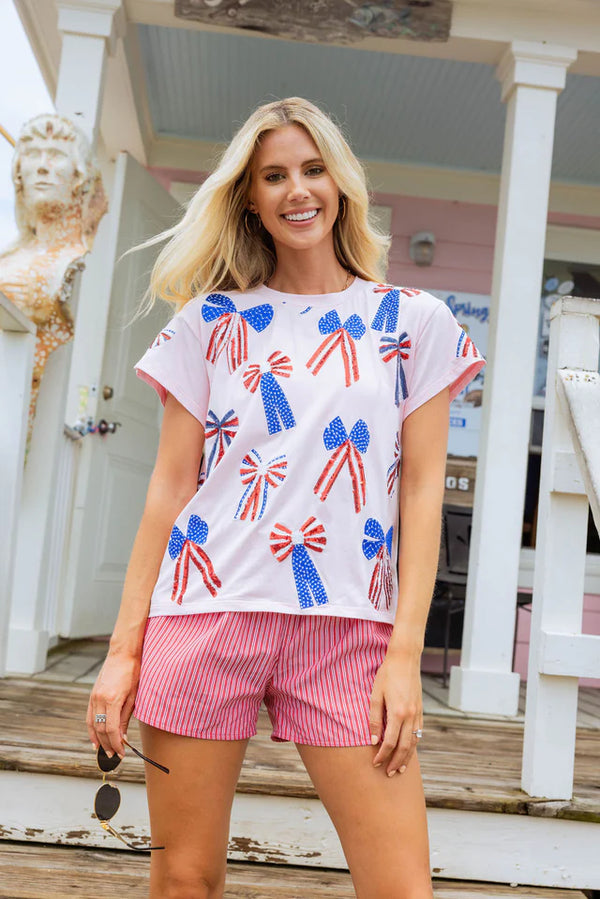 Queen of Sparkles White, Red, White & Blue Scattered Bow Tee-Pink