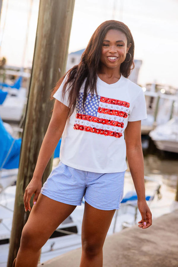 Queen of Sparkles White Flower American Flag Tee-White