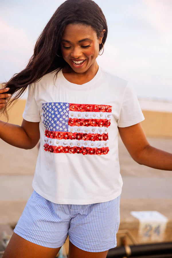 Queen of Sparkles White Flower American Flag Tee-White