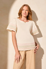 Tribal Cotton Boat Neck Top with Contrast Stitching | CoCo Multi