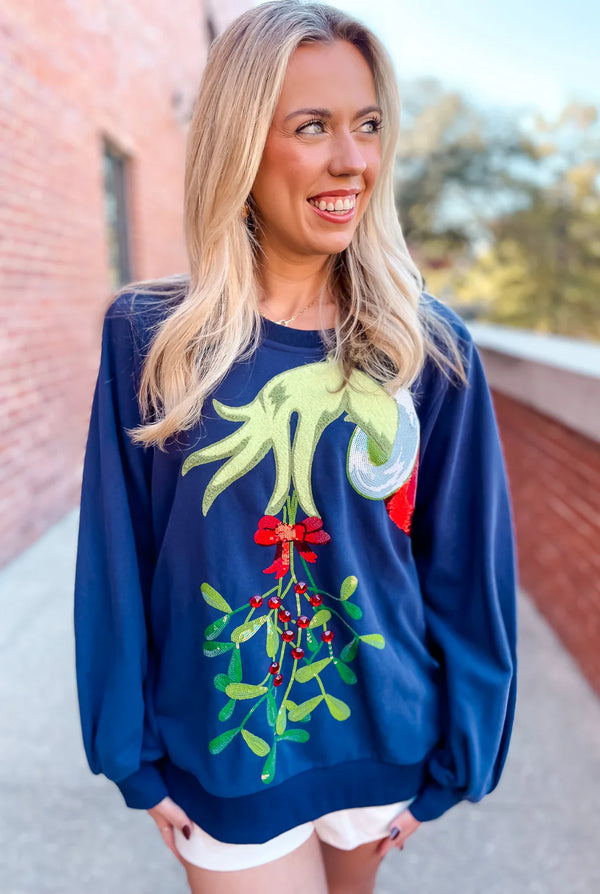 Queen Of Sparkles Navy Grinch Mistletoe Hand Sweatshirt