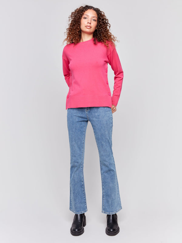 Charlie B Crew-Neck Drop-Shoulder Side Button Sweater- Magenta