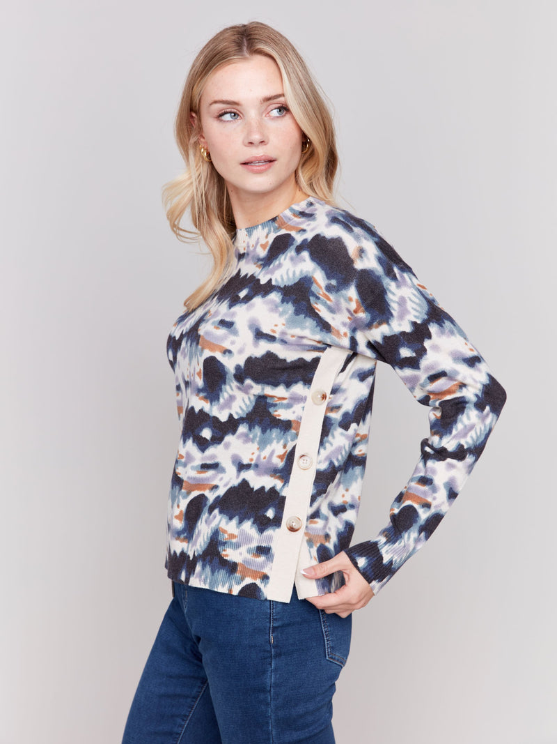 Charlie B Crew-Neck Drop-Shoulder Side Button Sweater-Tie Dye