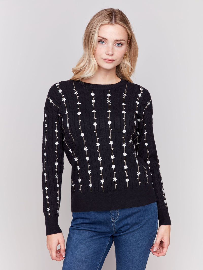 Charlie B Flower Embroidered Plushy Crew-Neck Sweater-Black