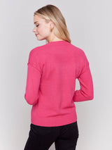 Charlie B Crew-Neck Sweater Knit with Cities Boucle Embroidery-Magenta