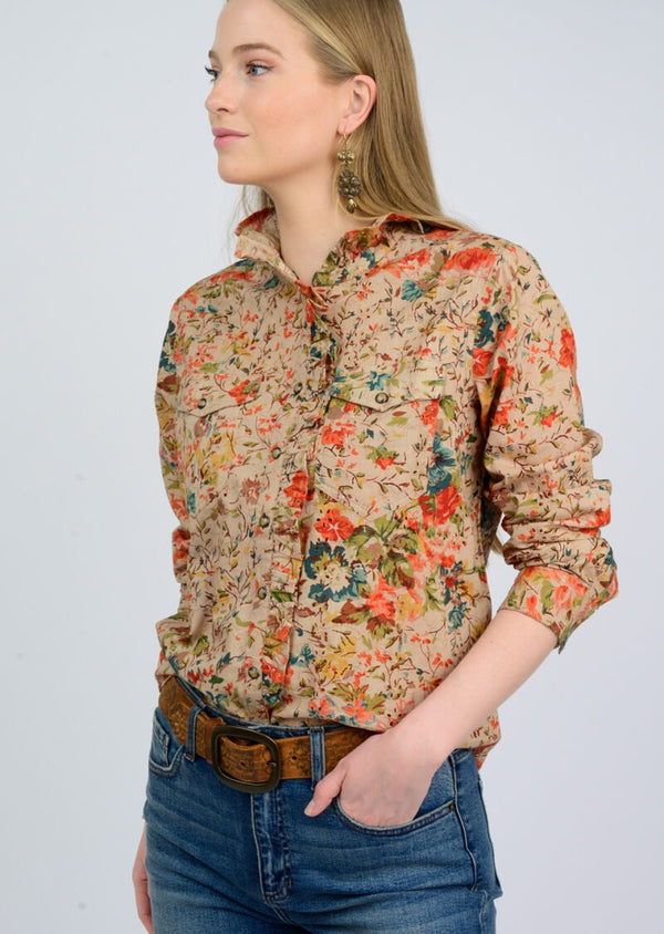 Ivy Jane Eyelet Floral Snap Shirt-Tan