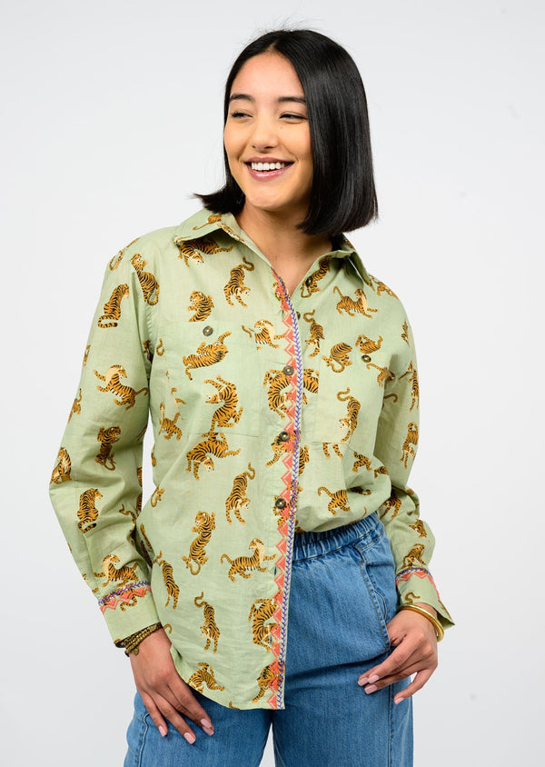 Ivy Jane Tiger Embroidered Camp Shirt | Sage
