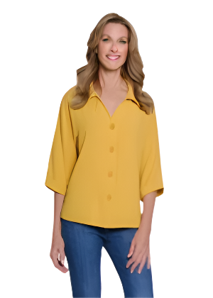 Multiples Dolman Sleeve Y-Neck Button Front Shirt | Safron