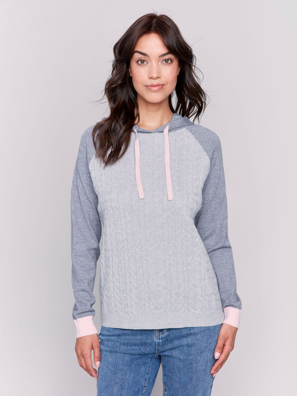 Charlie B Cable Knit Colorblock Raglan Hoodie Sweater-Grey