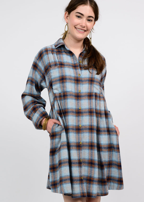 Ivy Jane Uncle Frank Tucked & Plaid Shirt Dress-Blue