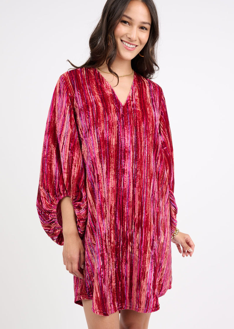 Ivy Jane V-Neck Velvet Striped Dress- Raspberry