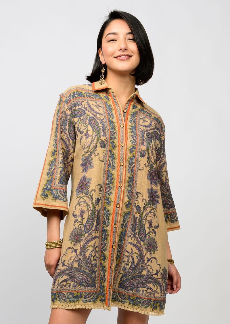 Ivy Jane Uncle Frank Paisley Border Shirt Dress | Camel
