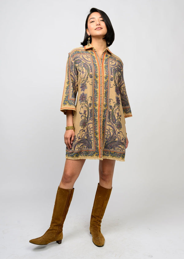 Ivy Jane Uncle Frank Paisley Border Shirt Dress | Camel