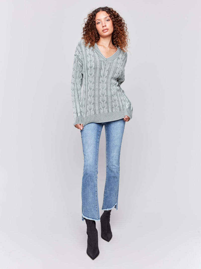 Charlie B Cold Dye Cable Knit Sweater-Spruce