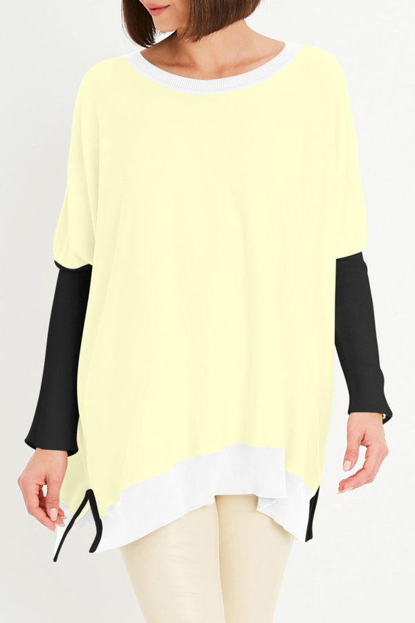 PLANET Pima Cotton Color Block Crewneck Knit Sweater-Citron/Black/White