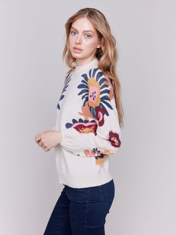 Charlie B Floral Printed Plushy Sweater-Beige