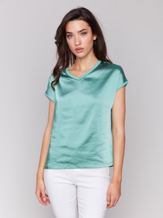 Charlie B Satin V-Neck Knit Top | Lilypad