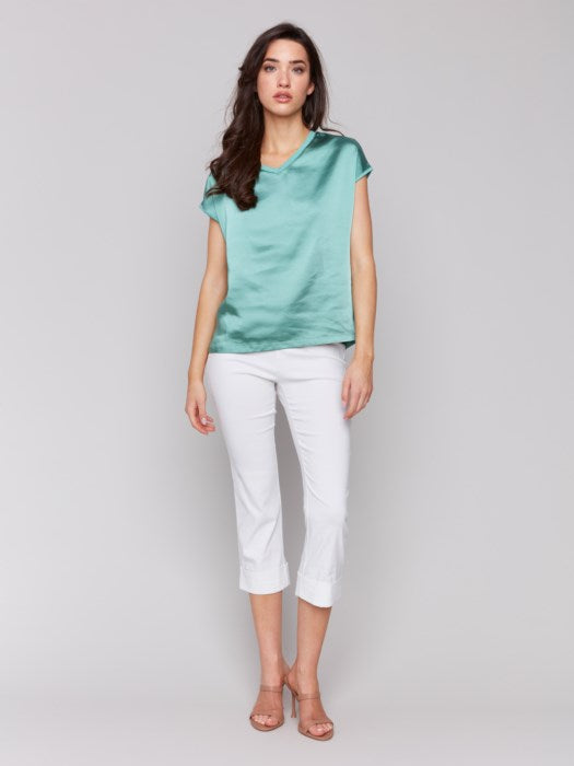 Charlie B Satin V-Neck Knit Top | Lilypad