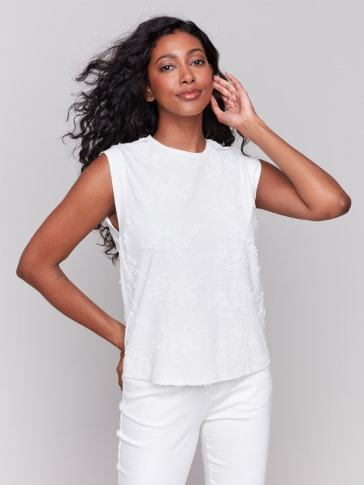 Charlie B Embroidered Sleeveless Crew Neck Top | White