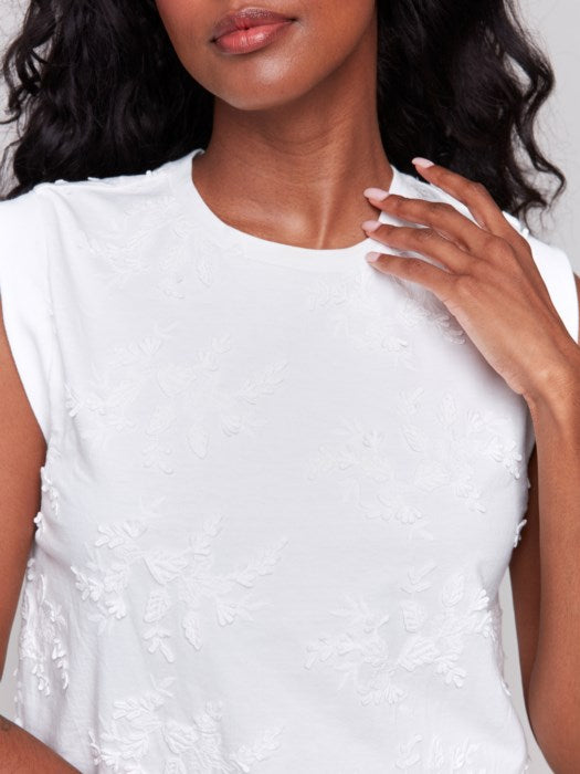 Charlie B Embroidered Sleeveless Crew Neck Top | White