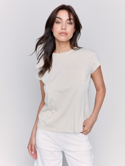 Charlie B Cap Sleeve Tee with Chest Pocket Detail | Sand