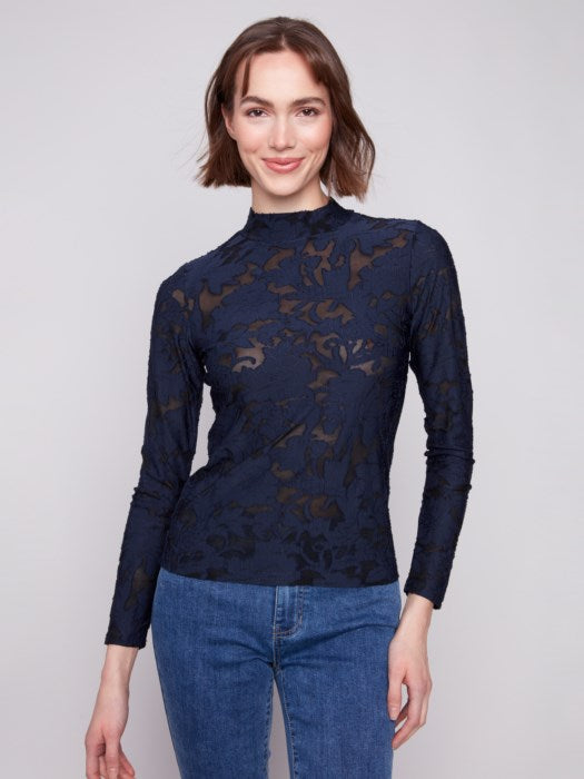 Charlie B Burnout Mesh Mock Neck Long Sleeve Top | Blue Black