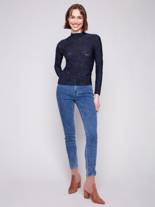 Charlie B Burnout Mesh Mock Neck Long Sleeve Top | Blue Black