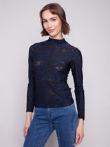 Charlie B Burnout Mesh Mock Neck Long Sleeve Top | Blue Black