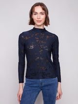 Charlie B Burnout Mesh Mock Neck Long Sleeve Top | Blue Black