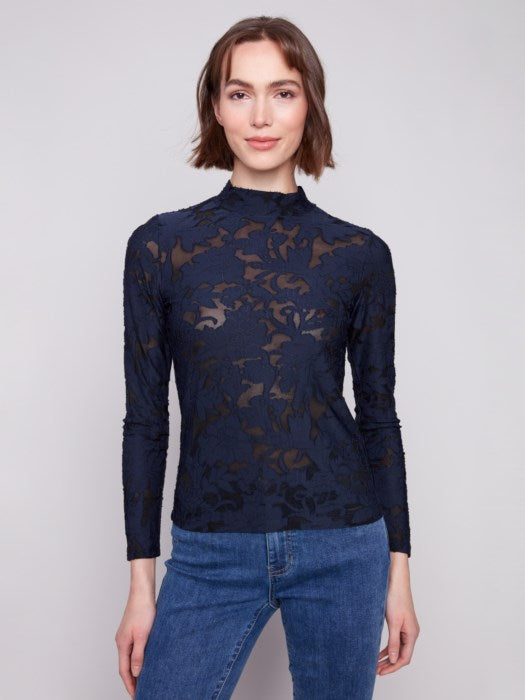 Charlie B Burnout Mesh Mock Neck Long Sleeve Top | Blue Black