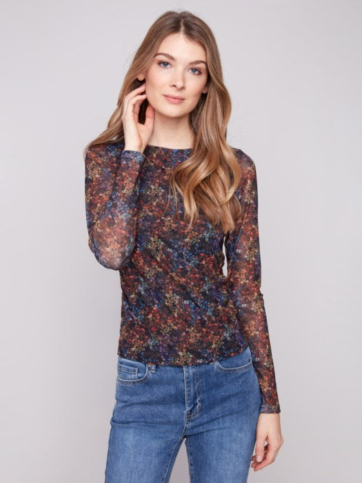 Charlie B Printed Mesh Top Gathering at Sides | Floret