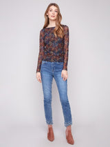 Charlie B Printed Mesh Top Gathering at Sides | Floret