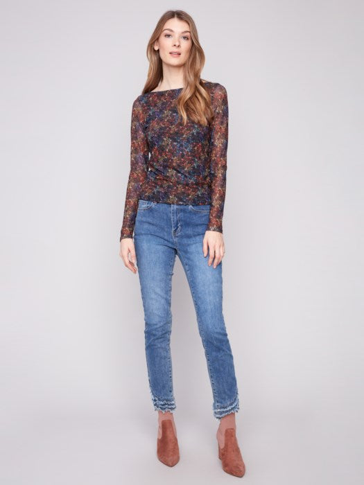 Charlie B Printed Mesh Top Gathering at Sides | Floret
