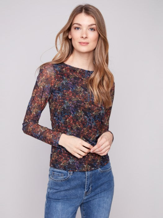 Charlie B Printed Mesh Top Gathering at Sides | Floret