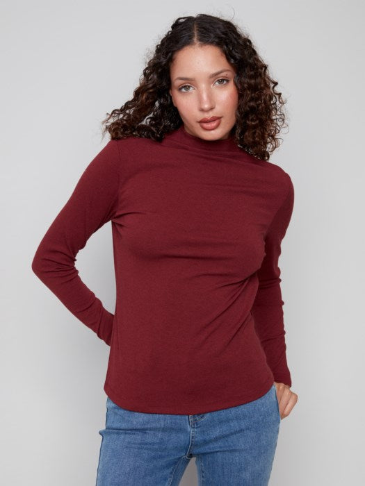 Charlie B Long Sleeve Mock Neck Fine Rib Knit | Cabernet