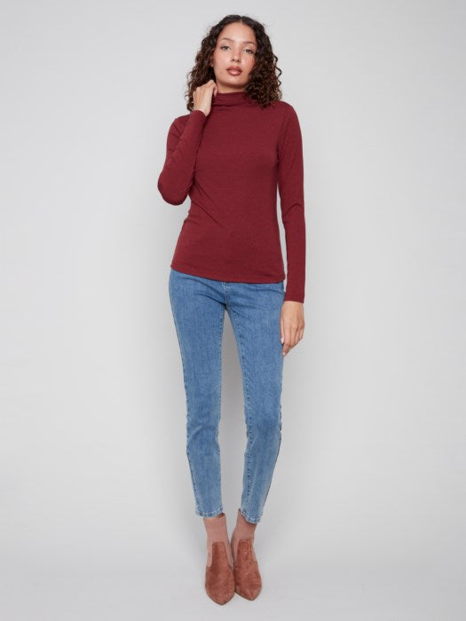 Charlie B Long Sleeve Mock Neck Fine Rib Knit | Cabernet