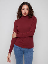 Charlie B Long Sleeve Mock Neck Fine Rib Knit | Cabernet