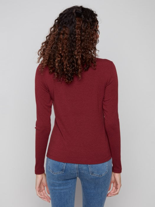 Charlie B Long Sleeve Mock Neck Fine Rib Knit | Cabernet