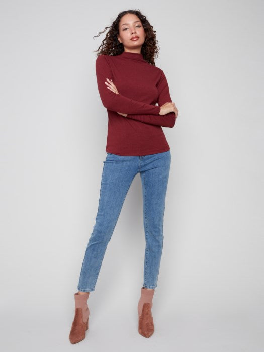 Charlie B Long Sleeve Mock Neck Fine Rib Knit | Cabernet