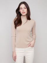 Charlie B Long Sleeve Mock Neck Fine Rib Knit | Sesame