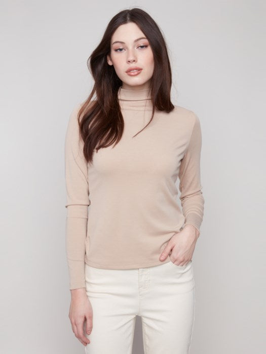 Charlie B Long Sleeve Mock Neck Fine Rib Knit | Sesame