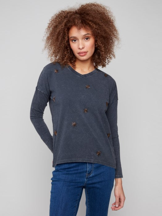 Charlie B Beaded Vintage Wash V-Neck Knit Top| Charcoal