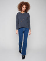 Charlie B Beaded Vintage Wash V-Neck Knit Top| Charcoal